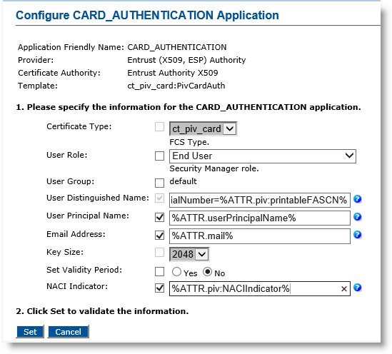 Configure CARD_AUTHENTICATION Application dialog box with various fields to be completed, as well as a Set and a Cancel button at the bottom